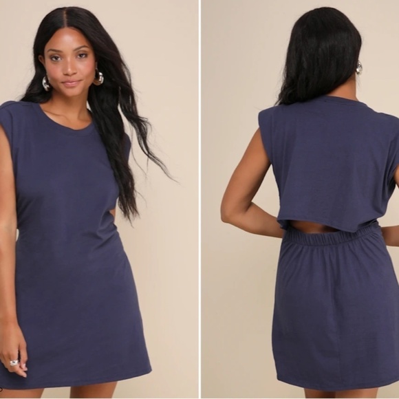 LULUS Flirty Casual Resortwear Vacation Brunch Navy Comfortable Mini Dress NWOT - Picture 5 of 6